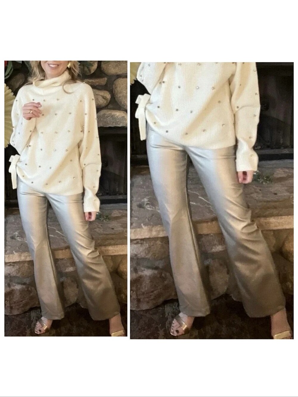 Never A Wallflower Gold Pull-On Pants | Size Medium | NEW | Faux Leather Holiday